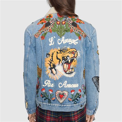 gucci tiger print lightweight jacket replica|gucci denim jacket with embroideries.